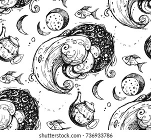 Seamless texture. Repeating background. Tiled pattern. Strange hand drawn abstract with wave and teapot. Black and white illustration.