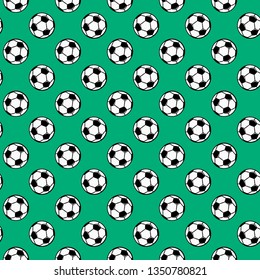 Seamless texture. Repeating image of soccer balls on the green background. Vector illustration 