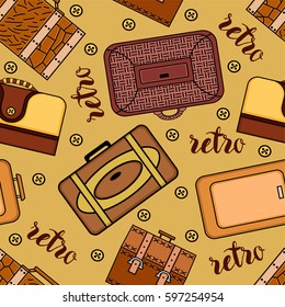 Seamless texture of retro suitcases, buttons and the word "retro" in yellow and brown tones