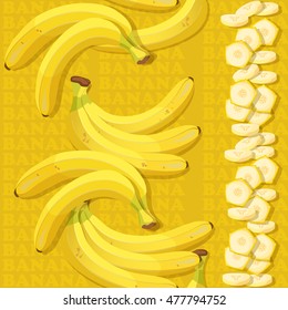 Seamless texture with ripe banana and slices on yellow background. Vector illustration.  Floral texture with natural elements and words Banana.