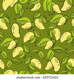 Seamless texture with ripe yellow mango. Cartoon style