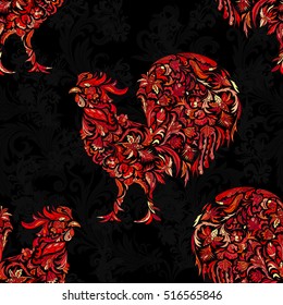 Seamless texture with rooster- symbol of 2017. Fire cock. Suitable for design: cloth, web, wallpaper, wrapping. Vector illustration for New Year's design. Stylized floral doodle pattern
