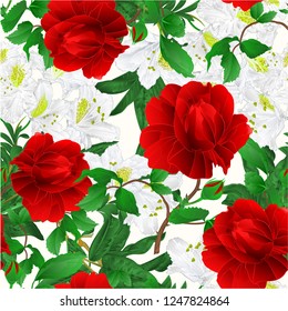 Seamless texture rose flower red twig with leaves and bud and white rhododendrons nature background vintage  vector editable illustration hand draw
