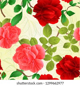 Seamless texture rose pink and red stems and leaves vintage  nature background  vector illustration editable hand draw