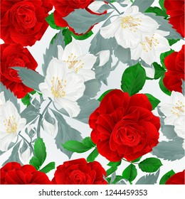 Seamless texture rose red and leaves and jasmine nature background  vintage vector botanical illustration editable  draw