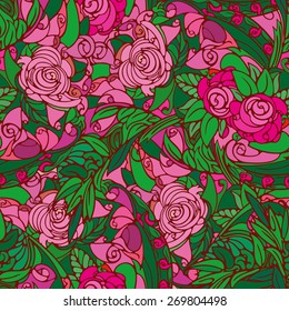Seamless texture of roses.
Multicolored abstraction repetitive composition of flowering plant elements.