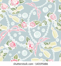 Seamless texture with roses, pearls and bows. Seamless pattern can be used for wallpaper, pattern fills, web page background,surface textures. Gorgeous seamless background.