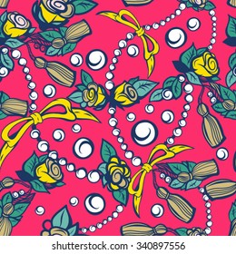 Seamless texture with roses, pearls and bows. Seamless pattern can be used for wallpaper, pattern fills, web page background,surface textures. Gorgeous seamless background.