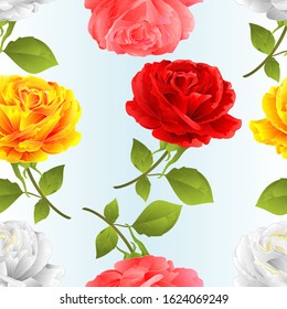 Seamless texture roses red pink white yellow   twig with leaves on a blue background vintage vector illustration editable hand draw