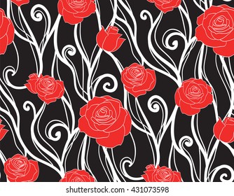 Seamless texture with roses and vines on a dark background. Vector background for scrapbooking and your creativity