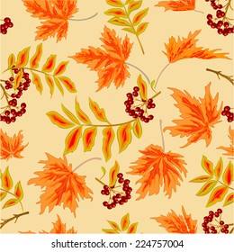 Seamless texture rowanberry and maple leaves autumn Thanksgiving Day theme vector illustration