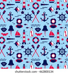 Seamless texture from sailing elements. Pattern, abstract background, wallpaper. Nautical collection,  marine travel icons.