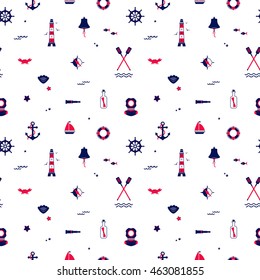 Seamless texture from sailing elements. Pattern, abstract background, wallpaper. Nautical collection, marine travel icons.