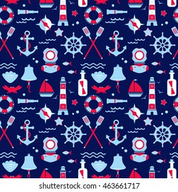 Seamless texture from sailing elements. Pattern, abstract background, wallpaper. Nautical collection,  marine travel icons.