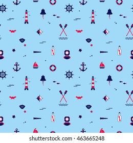 Seamless texture from sailing elements. Pattern, abstract background, wallpaper. Nautical collection, marine travel icons.