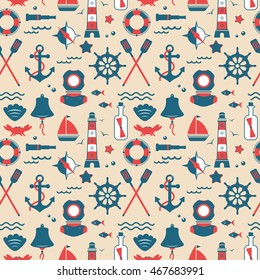 Seamless texture from sailing elements. Pattern, abstract background, wallpaper. Nautical collection, marine travel icons.