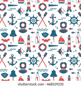 Seamless texture from sailing elements. Pattern, abstract background, wallpaper. Nautical collection, marine travel icons.
