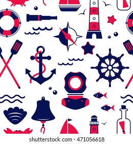 Seamless texture from sailing elements. Pattern, abstract background, wallpaper. Nautical collection, marine travel icons.