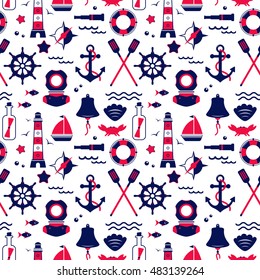 Seamless texture from sailing elements. Pattern, abstract background, wallpaper. Nautical collection, marine travel icons.