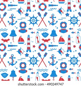 Seamless texture from sailing elements. Pattern, abstract background, wallpaper. Nautical collection,  marine travel icons.