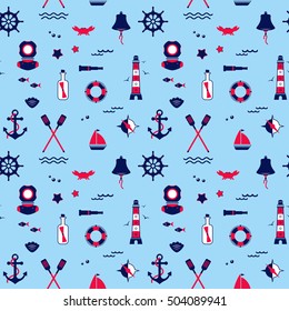 Seamless texture from sailing elements. Pattern, abstract background, wallpaper. Nautical collection,  marine travel icons.