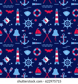 Seamless texture from sailing elements. Pattern, abstract background, wallpaper. Nautical collection,  marine travel icons.