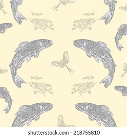 Seamless  texture salmon leaping trout vintage engraving  vector illustration