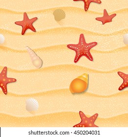 Seamless texture of sand beach with shells . 