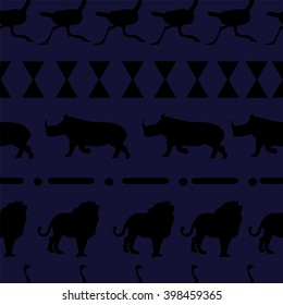 Seamless texture  with savanna's animals on the dark blue background