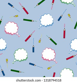 Seamless texture. School background with color pencils and hand drawn speech bubbles. Vector illustration