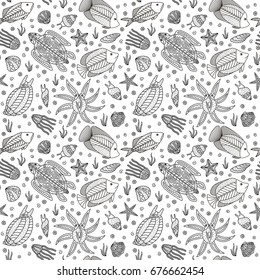 Seamless texture - sea. Hand drawing - fishes, turtle, mollusk, shell, octopus, starfish, seaweed. A vector.