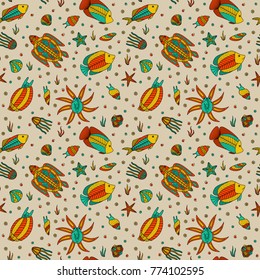 Seamless texture - sea. Hand drawing - fishes, turtle, mollusk, shell, octopus, starfish, seaweed. A vector.
