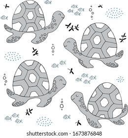 Seamless texture with sea turtle, fish and hand drawn elements. Childish sea background, drawing with line-art. Eps10 vector.