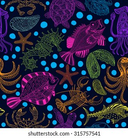 Seamless texture of a seafood. Vector background with a sketchy seahorse, turtle, starfish, octopus, crab, sea bass, tuna,  halibut, mollusks, lobster, crawfish colored on a dark blue background.
