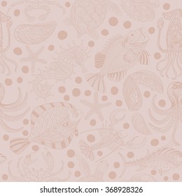 Seamless texture of a seafood. Vector background with a sketchy seahorse, turtle, starfish, octopus, crab, sea bass, tuna,  halibut, mollusks, lobster crawfish in cartoon style on a light pink