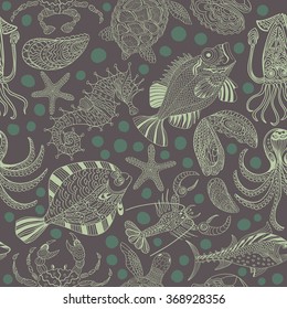 Seamless texture of a seafood. Vector background with a sketchy seahorse, turtle, starfish, octopus, crab, sea bass, tuna,  halibut, mollusks, lobster crawfish in cartoon style on a dark gray