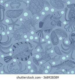 Seamless texture of a seafood. Vector background with a sketchy seahorse, turtle, starfish, octopus, crab, sea bass, tuna, halibut, mollusks, lobster crawfish in cartoon style on a light blue