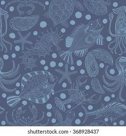 Seamless texture of a seafood. Vector background with a sketchy seahorse, turtle, starfish, octopus, crab, sea bass, tuna,  halibut, mollusks, lobster crawfish in cartoon style on a dark gray blue