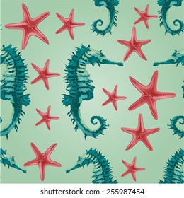 Seamless texture seahorse and starfish background marine life vector illustration