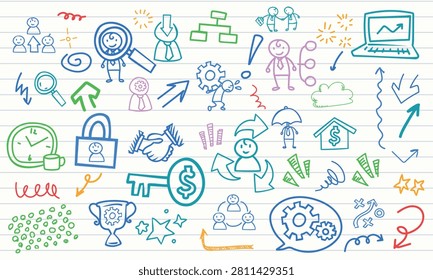 A seamless texture of secure business operations, talent tracking, and digital workflow doodles on notebook paper.