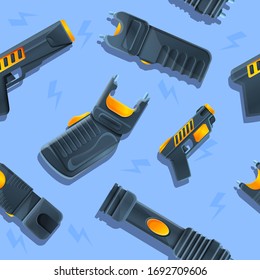 nahtlose Textur mit einer Reihe von Shockern und Taser-Symbolen, Vektorillustration-Illustration