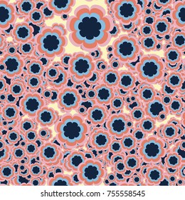 Seamless texture of seven-petalled flowers. There are 5 colors in the pattern.