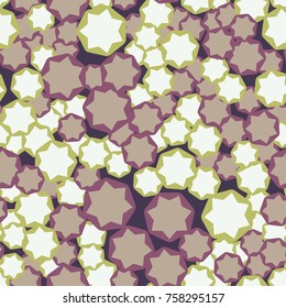 Seamless texture. Seven-pointed stars on rounded heptagons. Fashionable camouflage.