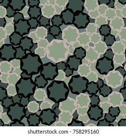 Seamless texture. Seven-pointed stars on rounded heptagons. Fashionable camouflage.