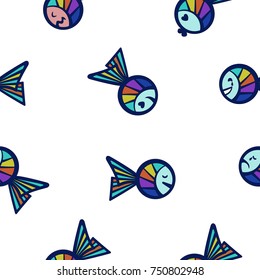 Seamless texture of several blue fish with different moods, floating in different directions on a white background