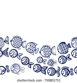 Seamless texture of several rows of round blue fish on a white background