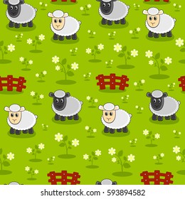 seamless texture with sheep on a flower meadow 