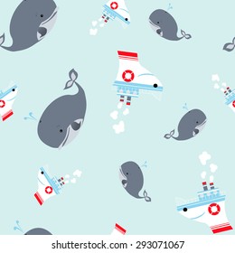 Seamless texture of ships and dolphins - vector