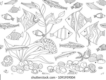 seamless texture with shoal of fishes and seaweed for your coloring book