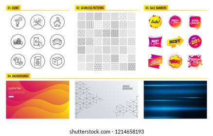 Seamless texture. Shopping mall banners. Set of Technical algorithm, Agent and Finance icons. Technical documentation, Taxi and Home signs. Startup concept, Banking money and Package. Texture vector